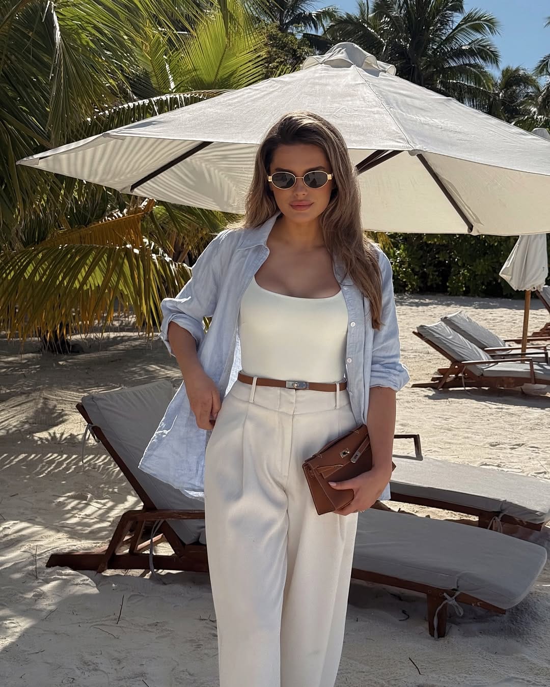 Linen shirt with tailored trousers and tank relaxed summer outfit