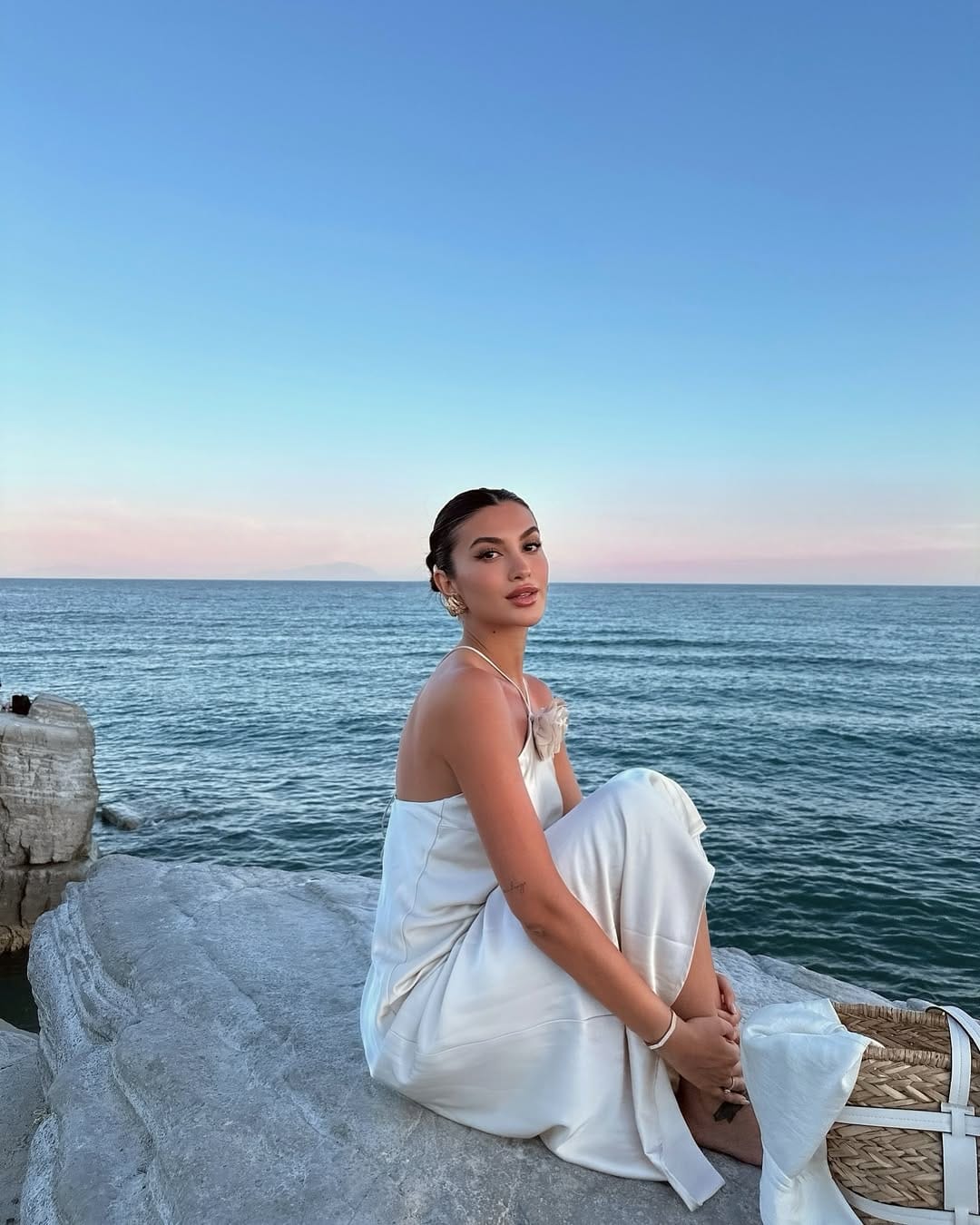 Minimal satin slip dress with floral detail effortless vacation outfit