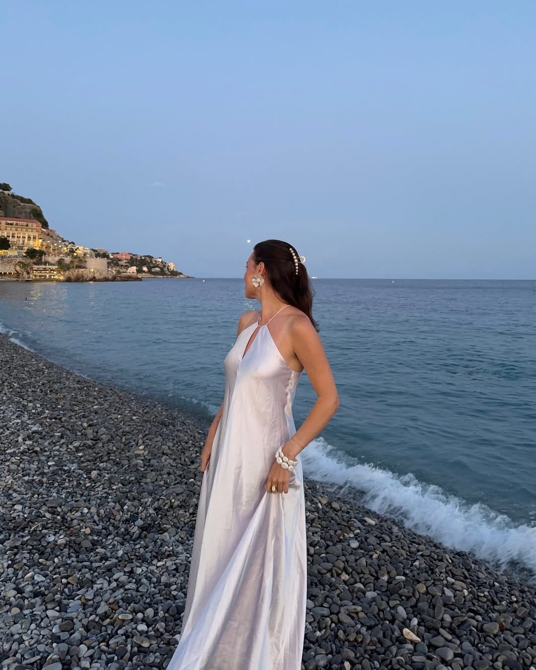 Satin halter neck maxi dress in soft white elegant vacation look