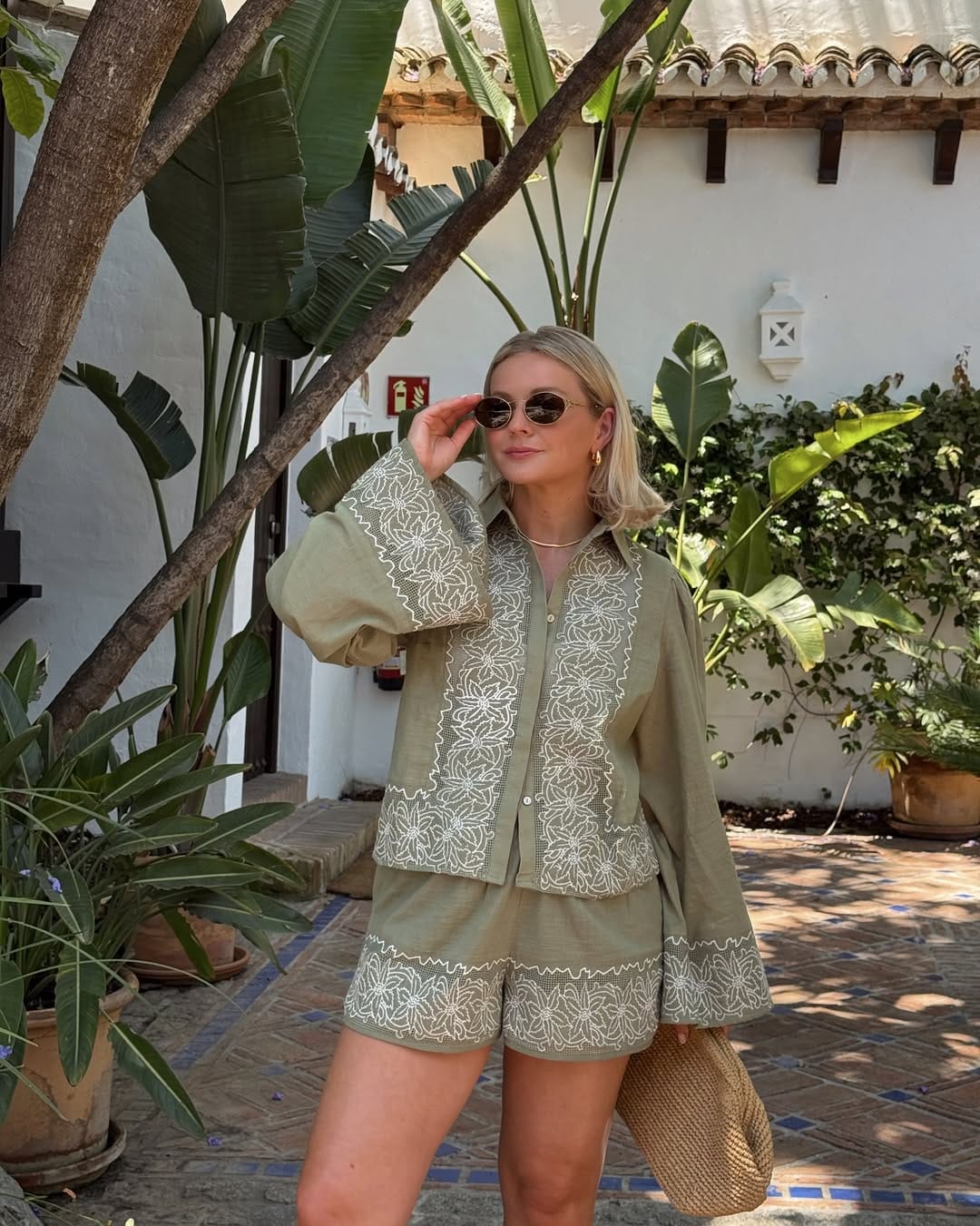Sage green embroidered linen co-ord set for a relaxed summer winery outfit
