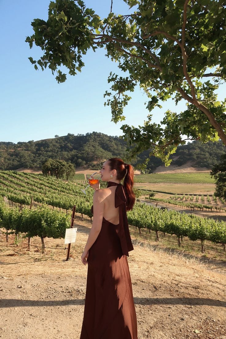 Deep chocolate satin halter maxi dress with open back and bow detail