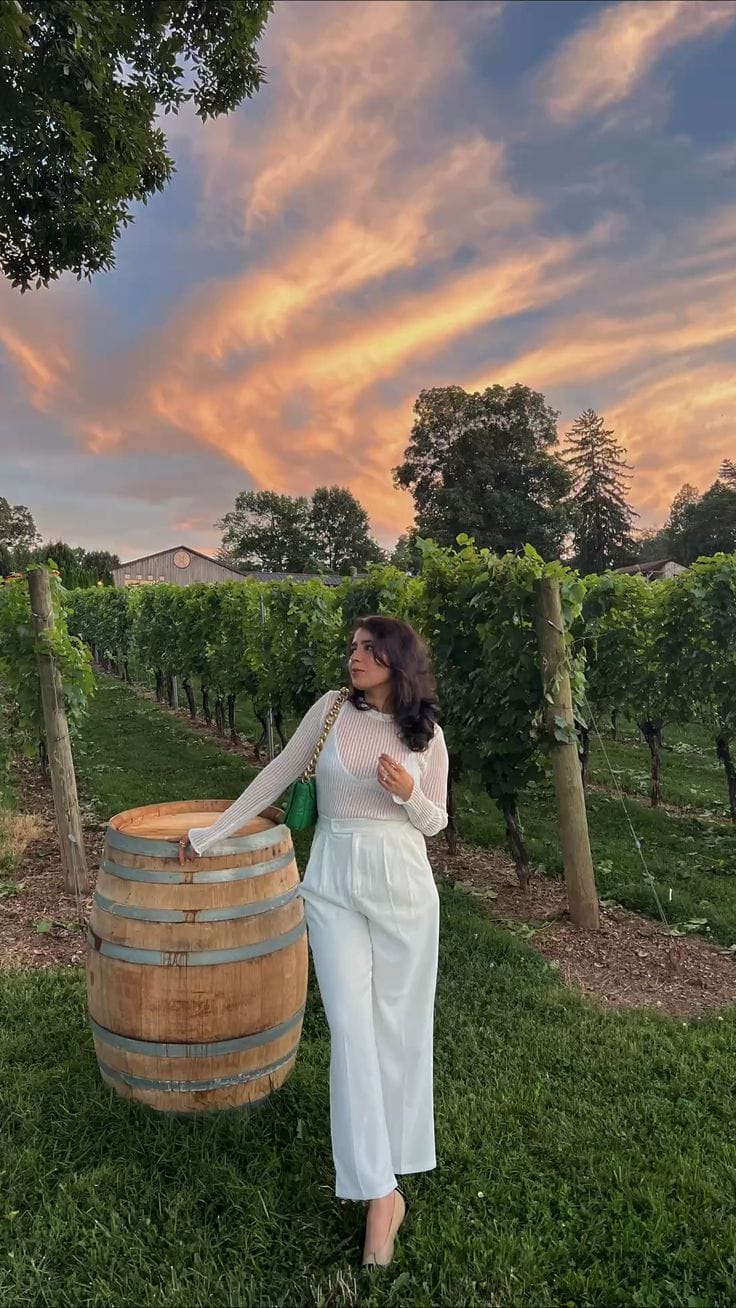 Sheer ribbed knit top paired with white wide-leg trousers and a green bag
