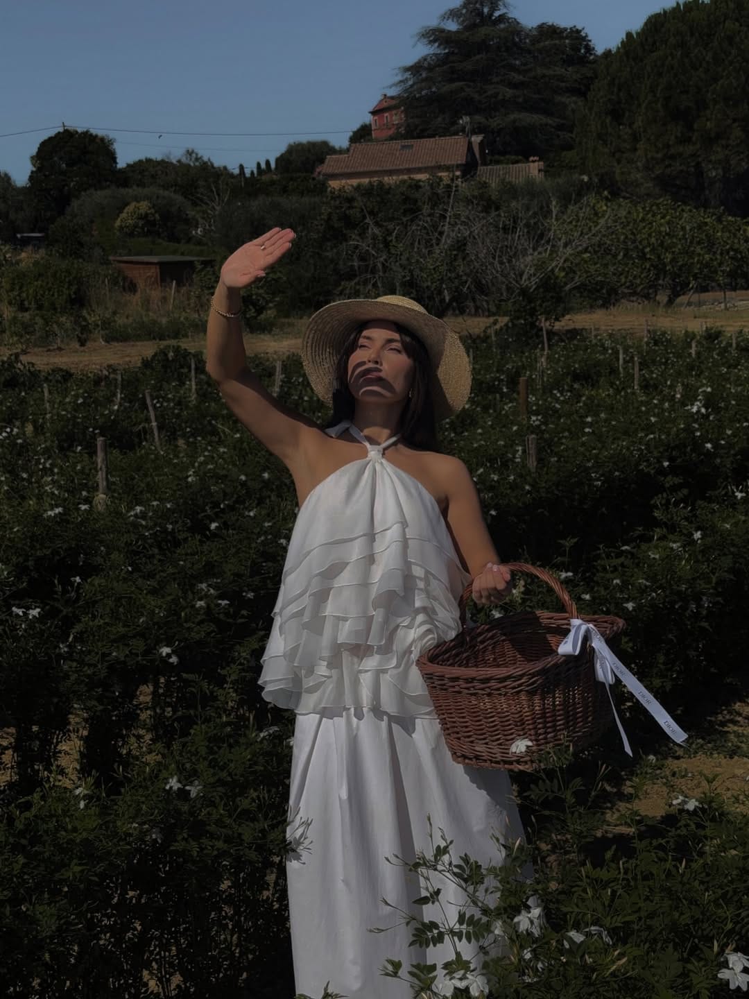 White Tiered Ruffle Halter Maxi With Wicker Basket