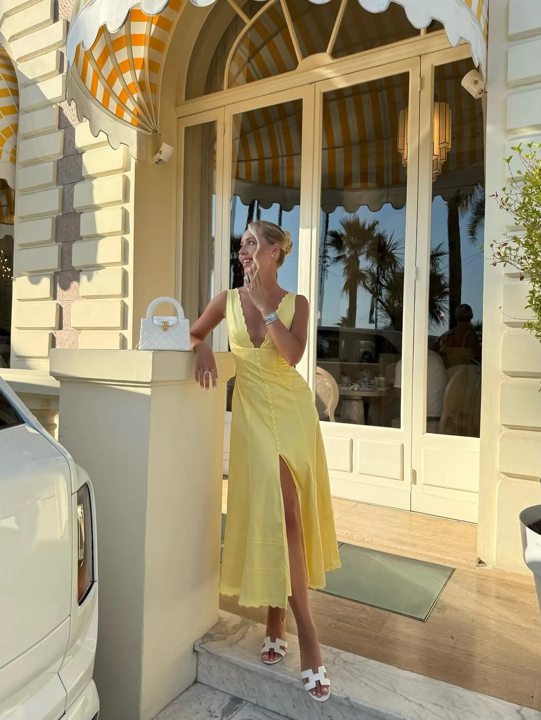 Butter yellow scallop-edge V-neck midi dress with a soft feminine feel