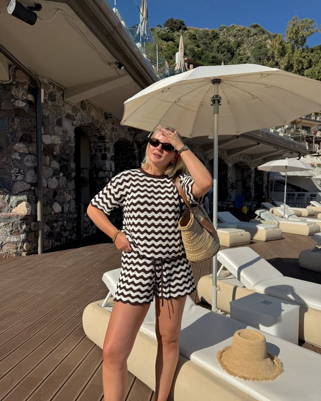 Chocolate brown and cream wave crochet set with bold pattern detailing