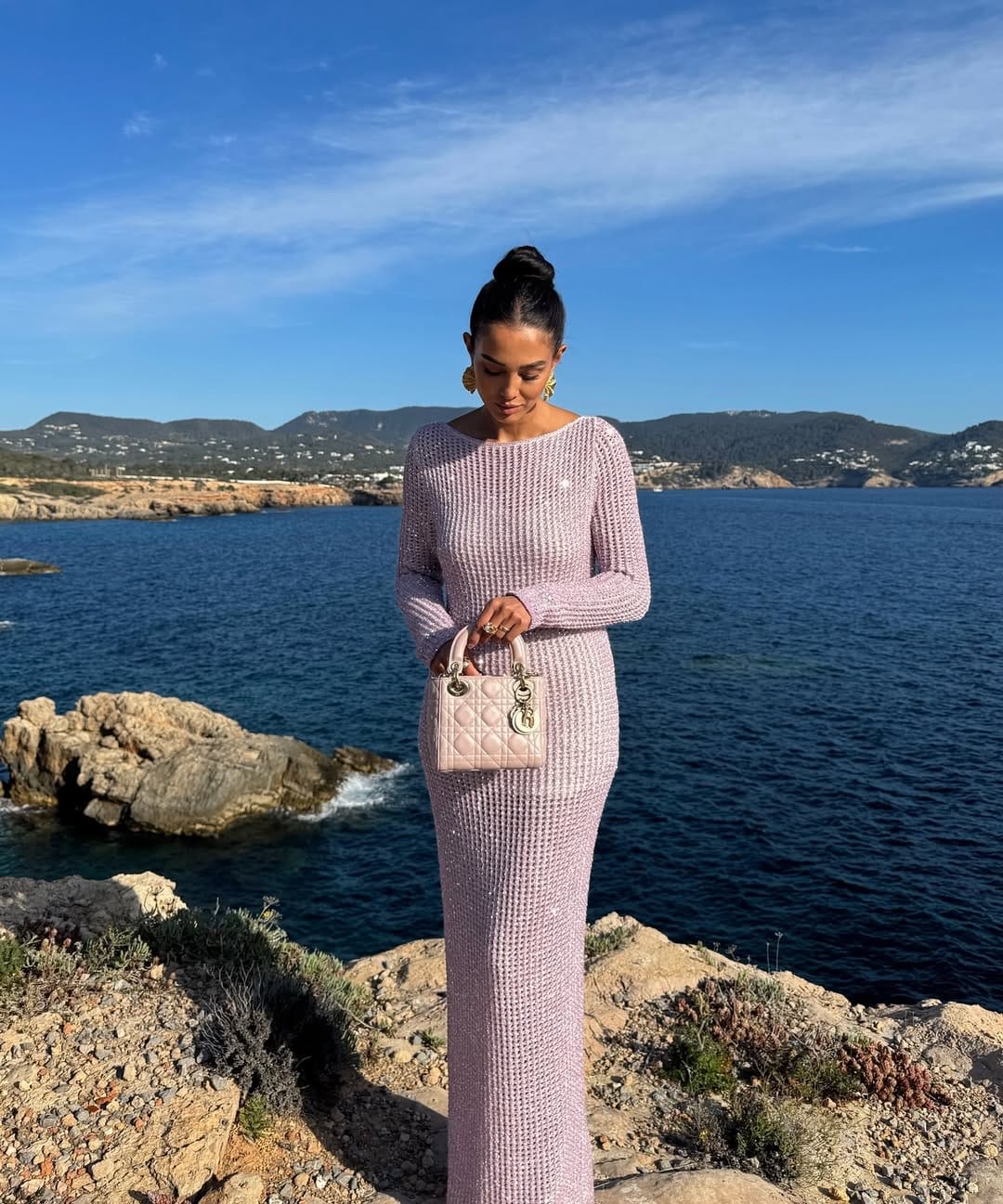 Lilac sparkle knit column maxi dress with a subtle shimmer finish