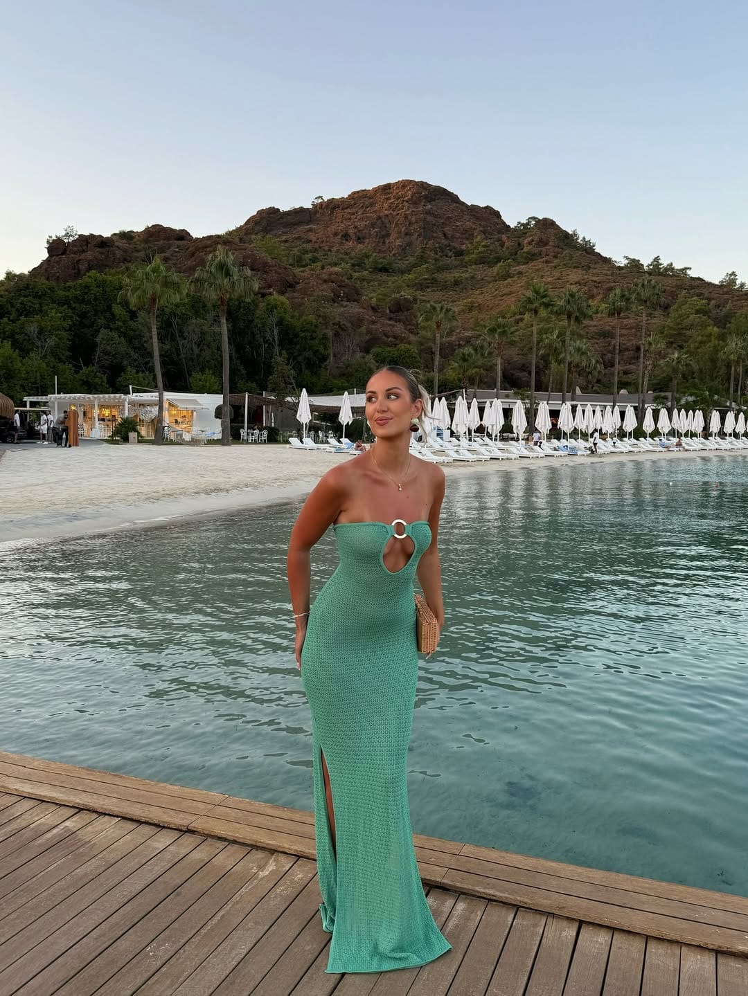 Mint green strapless crochet maxi dress with ring detail design