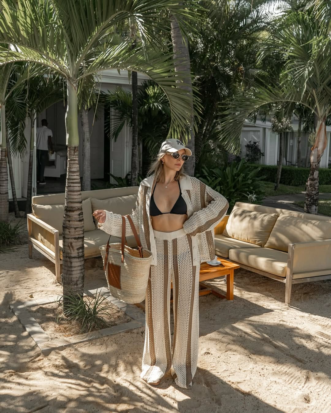 Cream and tan striped crochet beach set with a lightweight duster layer