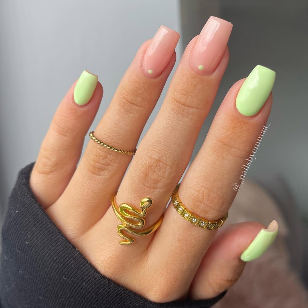 Peach and mint green square nails with minimal dot accent design