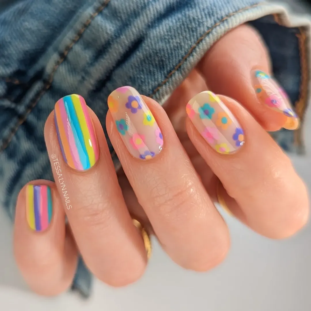 Rainbow stripe short round nails with retro multicolour flower design