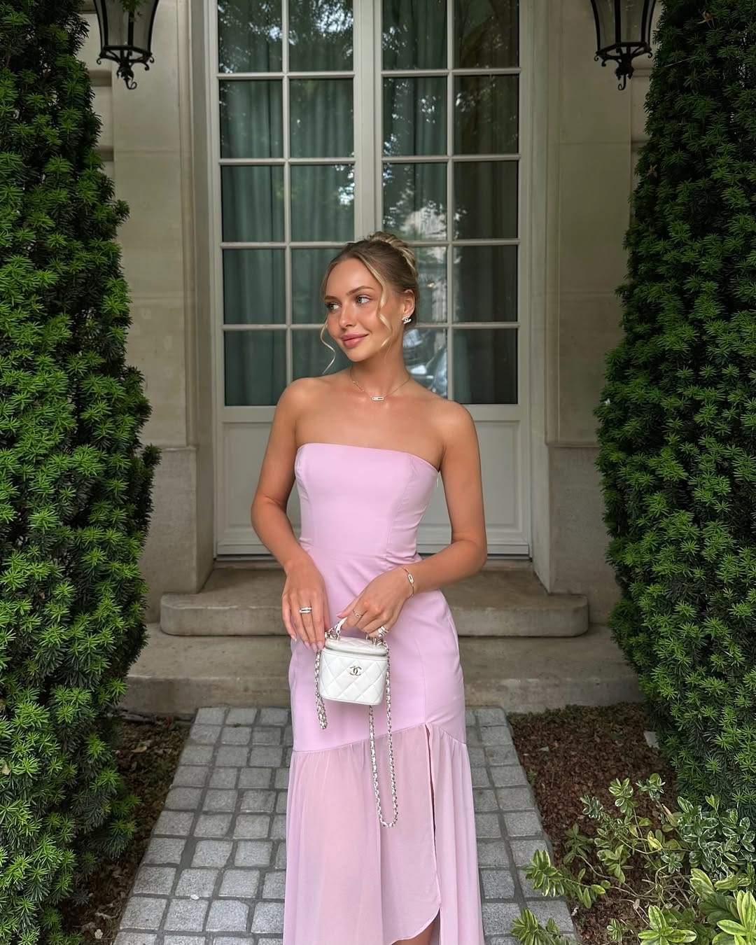 Lilac strapless midi dress with ruffle hem detail for a soft romantic look