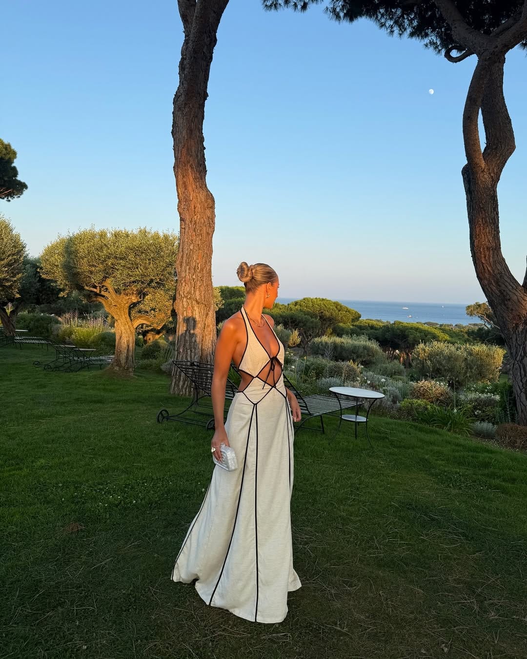 Ivory linen halterneck maxi dress with black piping accents