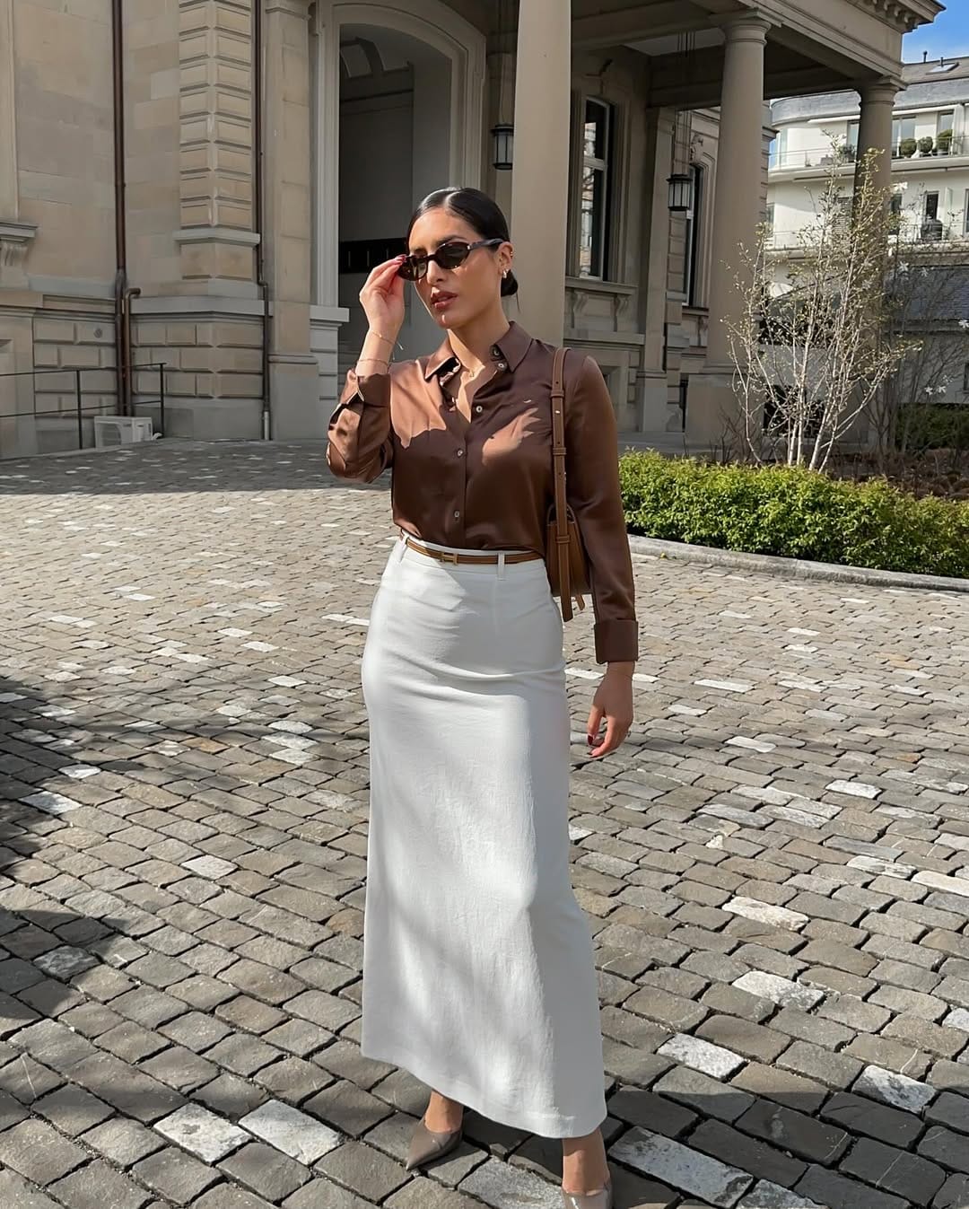 Chocolate satin shirt with white maxi skirt elevated office style