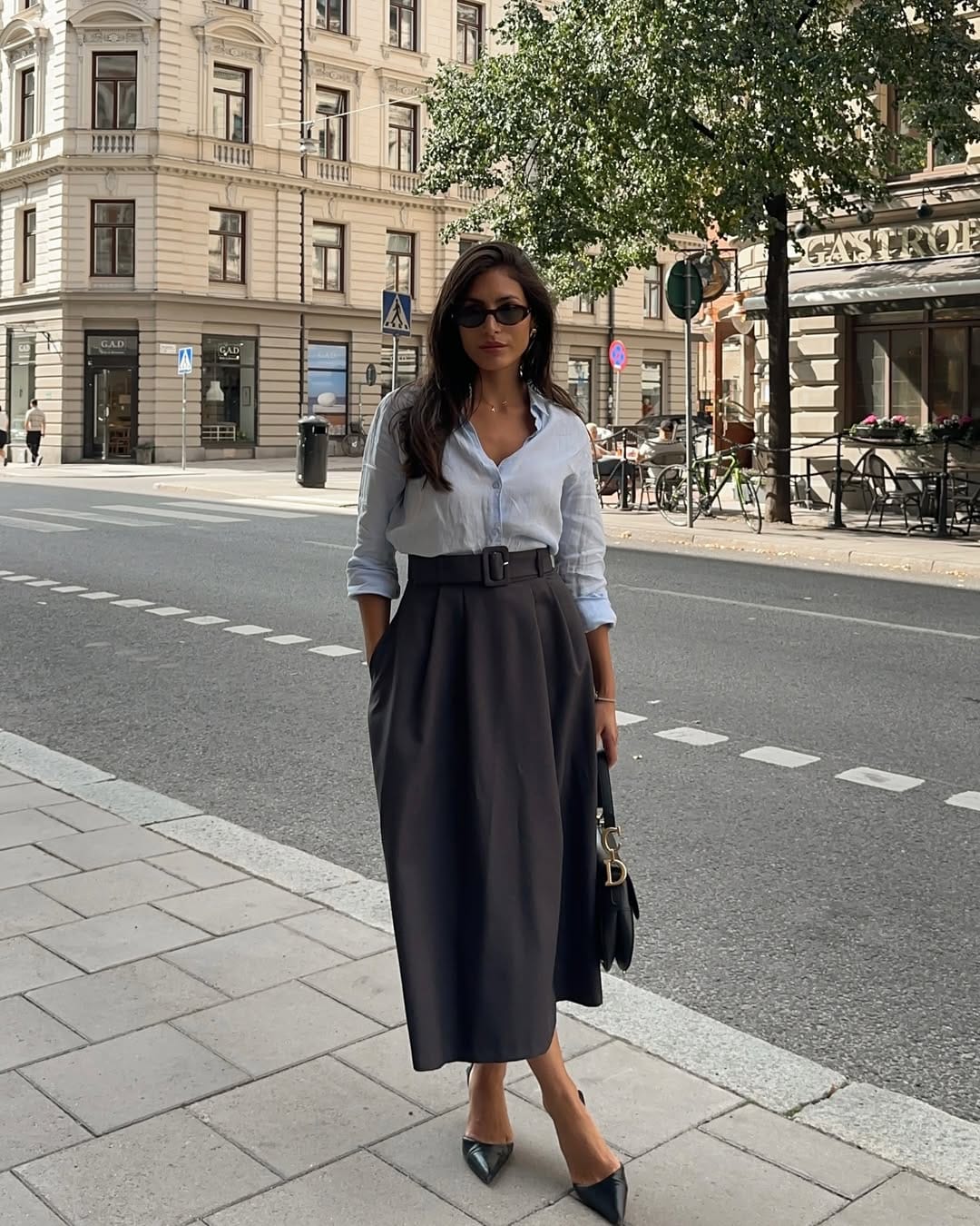Blue linen shirt with charcoal midi skirt breathable summer work outfit