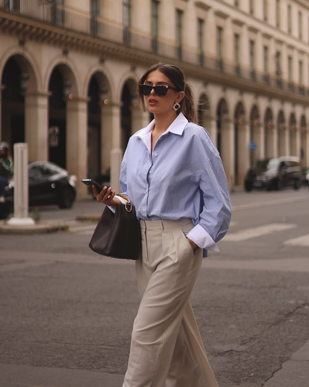 Blue stripe oversized shirt with sand wide-leg trousers relaxed workwear