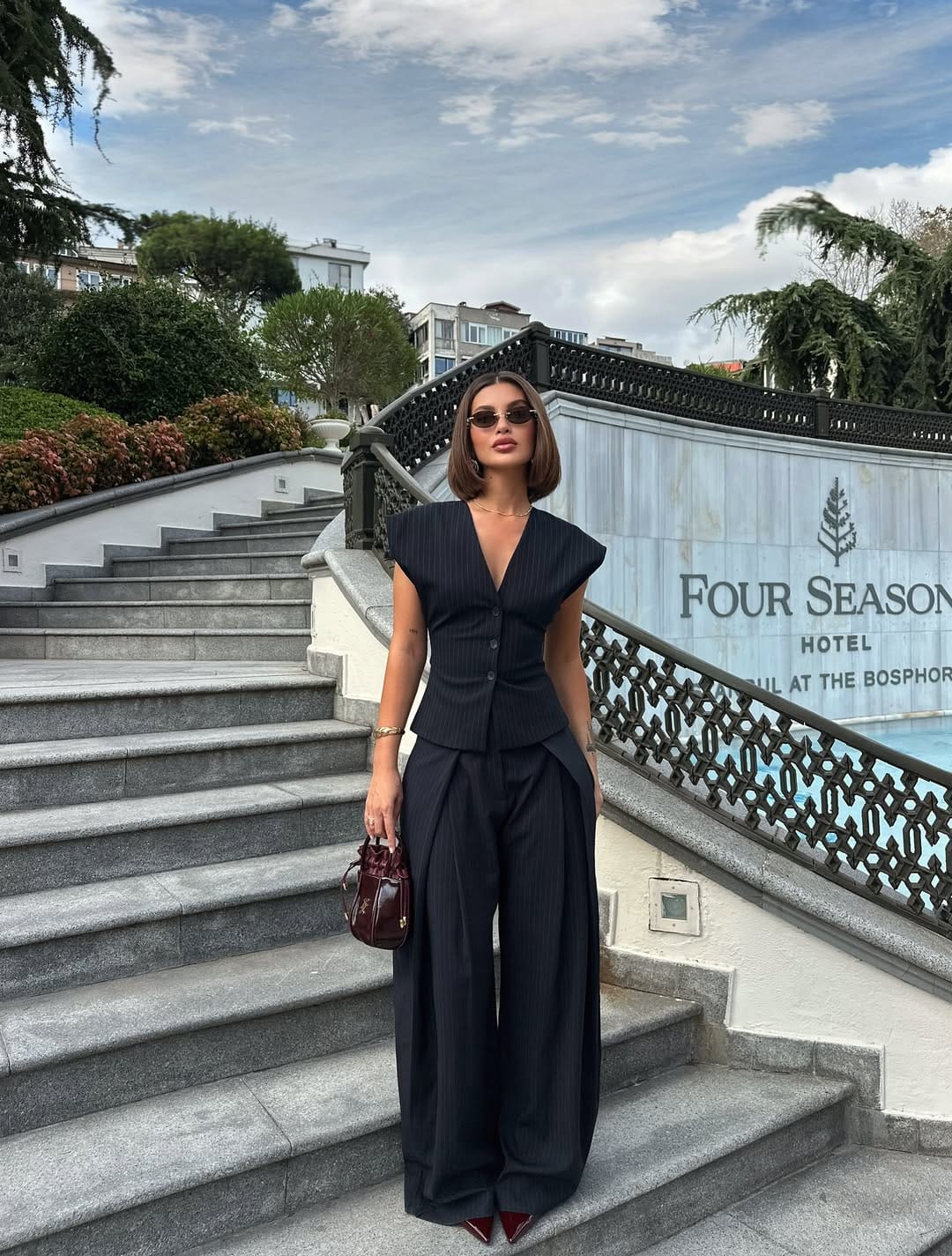 Pinstripe waistcoat co-ord tailored office outfit for summer