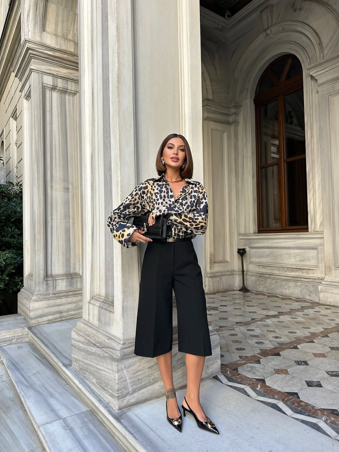 Leopard blouse with black culottes stylish business casual outfit