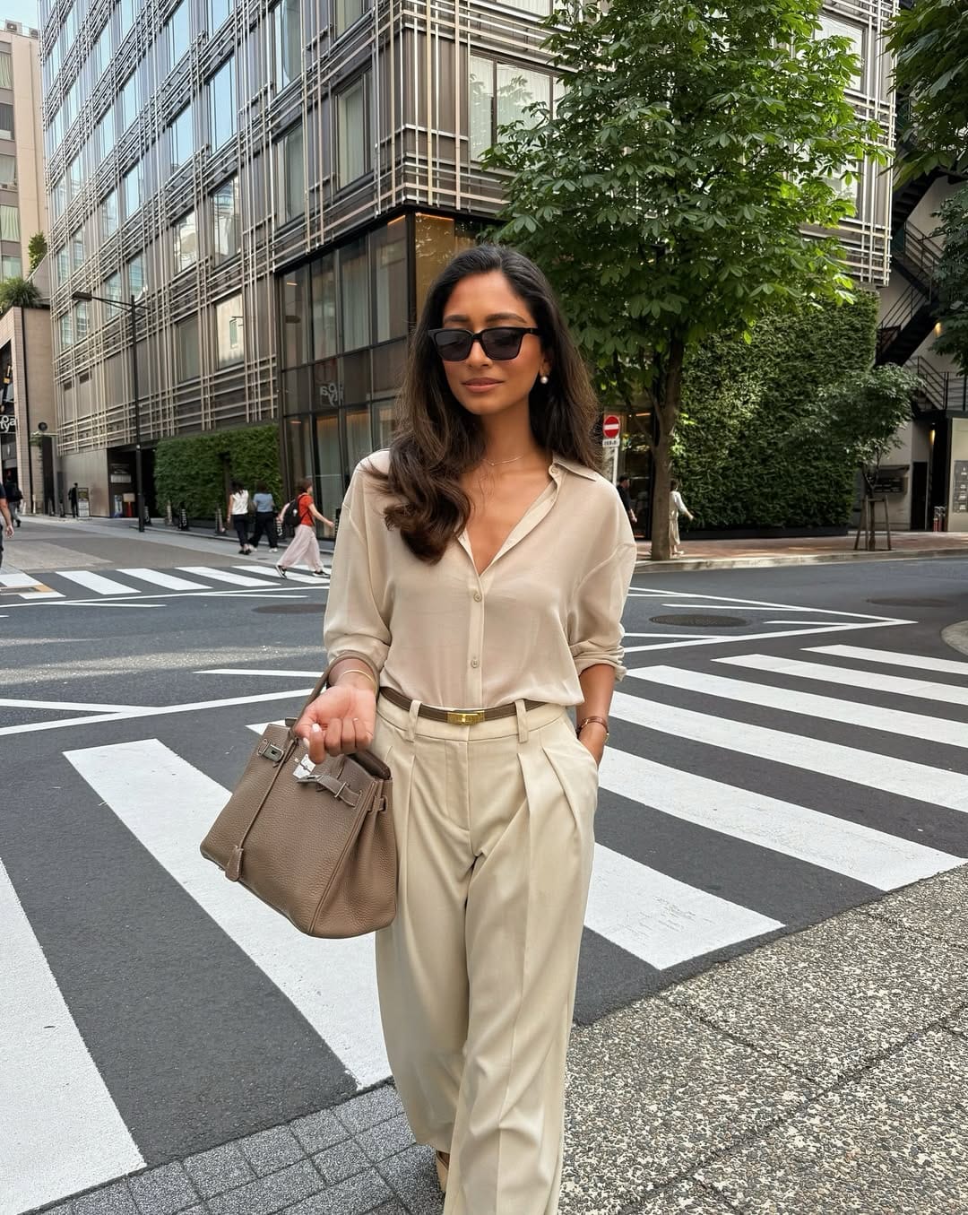 Beige silk shirt with pleated trousers elegant summer workwear