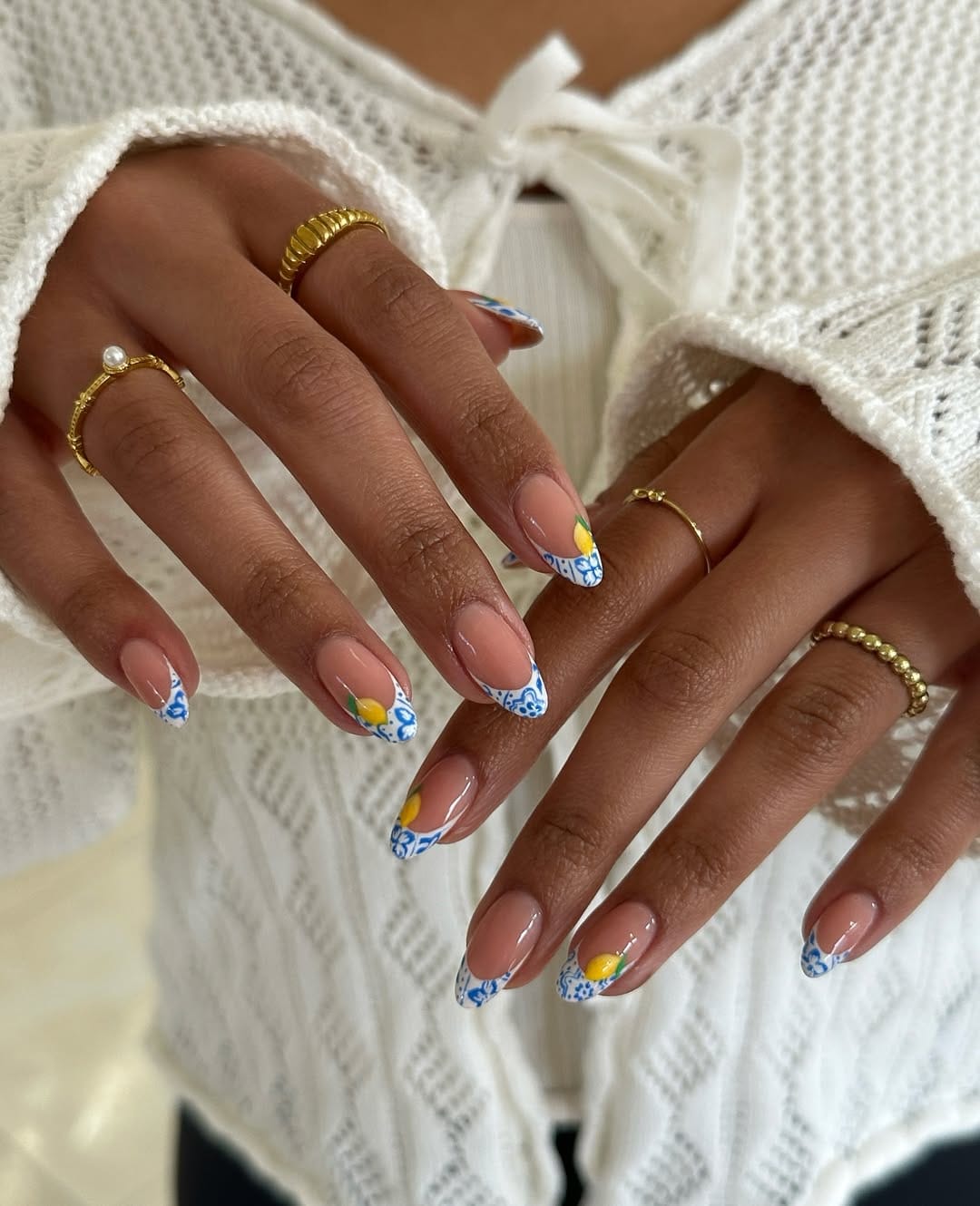 Sicilian tile French nails with delicate lemon detail accents