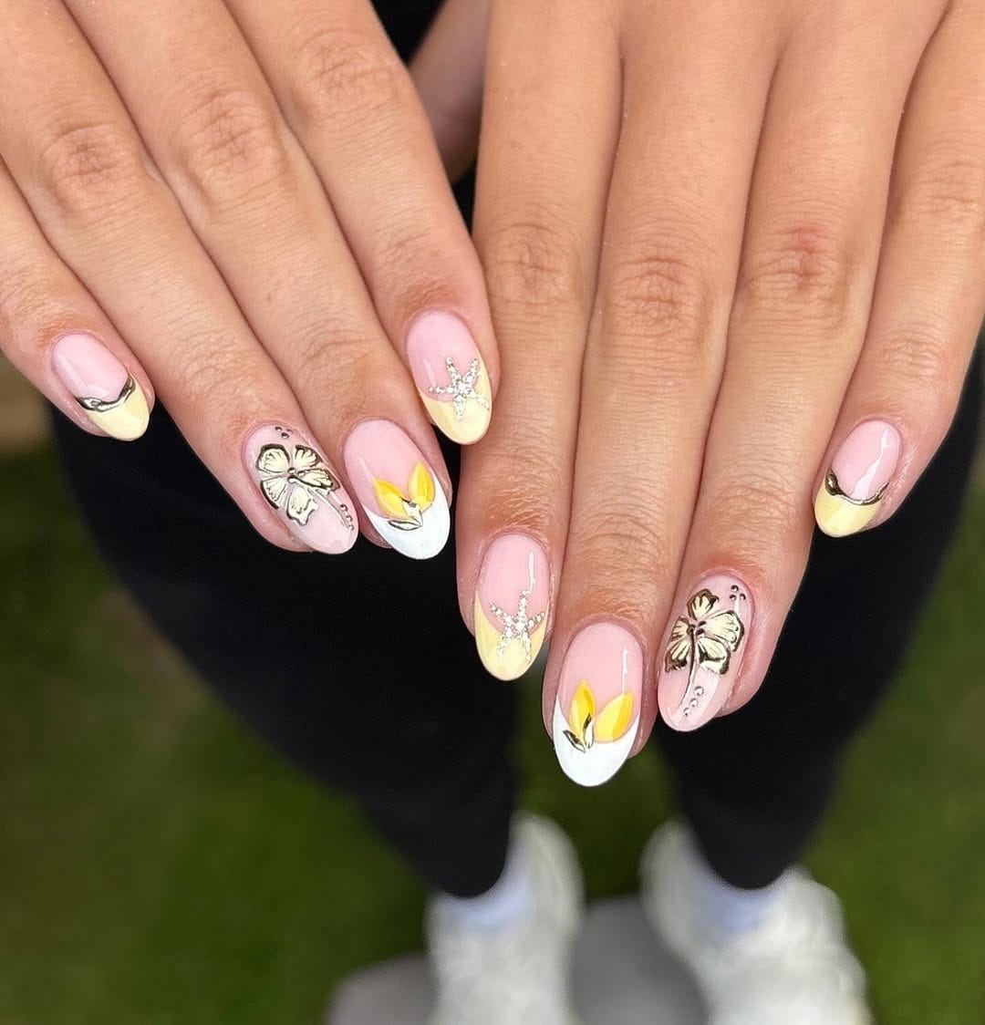 Tropical lemon nails with starfish and hibiscus flower nail art