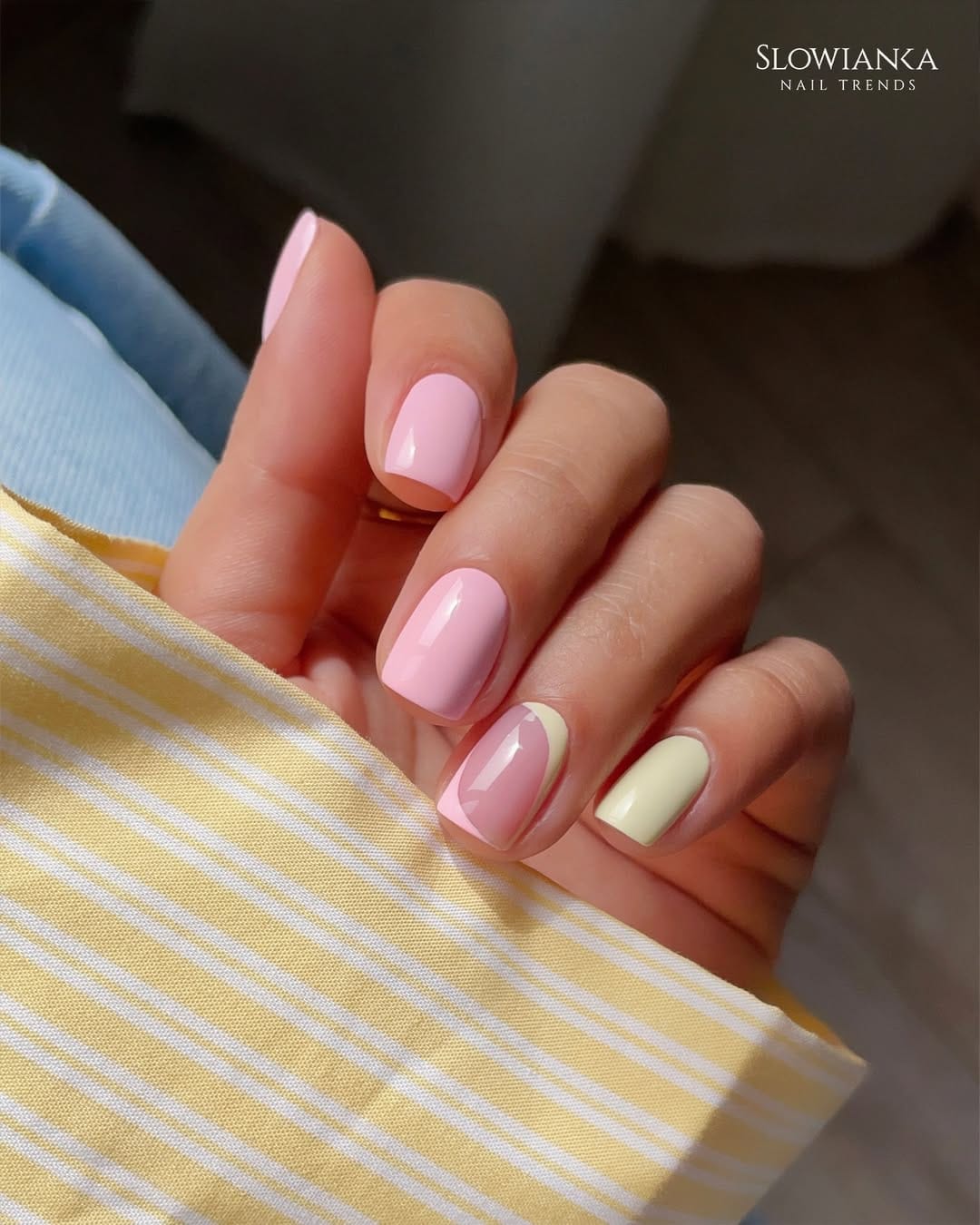 Baby pink and lemon sherbet geometric nails for a simple summer nail design
