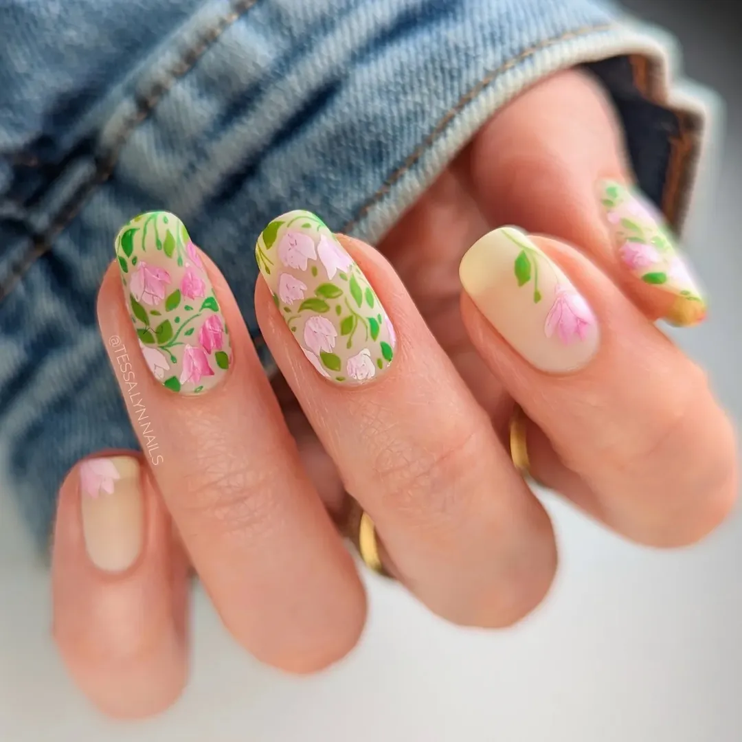 Cream and green nails with pink tulip garden detail for simple summer nails