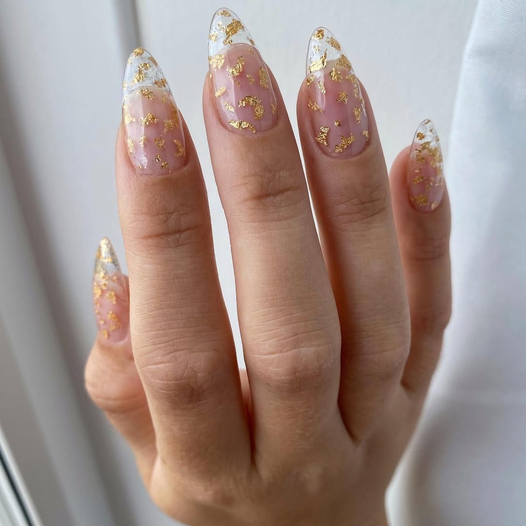 Sheer nails with gold foil French tip for a minimal simple summer nail design