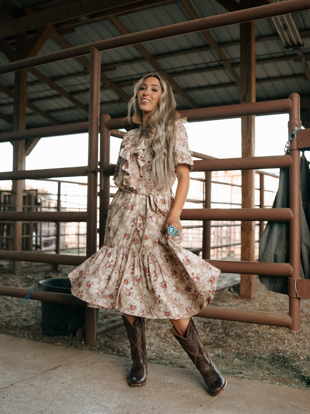Beige floral tiered midi dress styled with a turquoise cuff for a country summer outfit