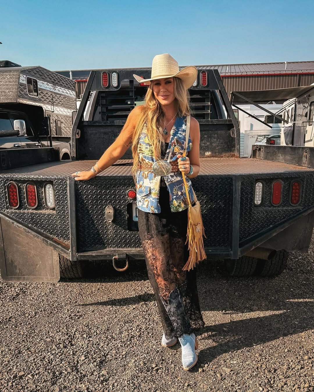 Tropical print Western vest with lace trousers for a boho country summer festival look