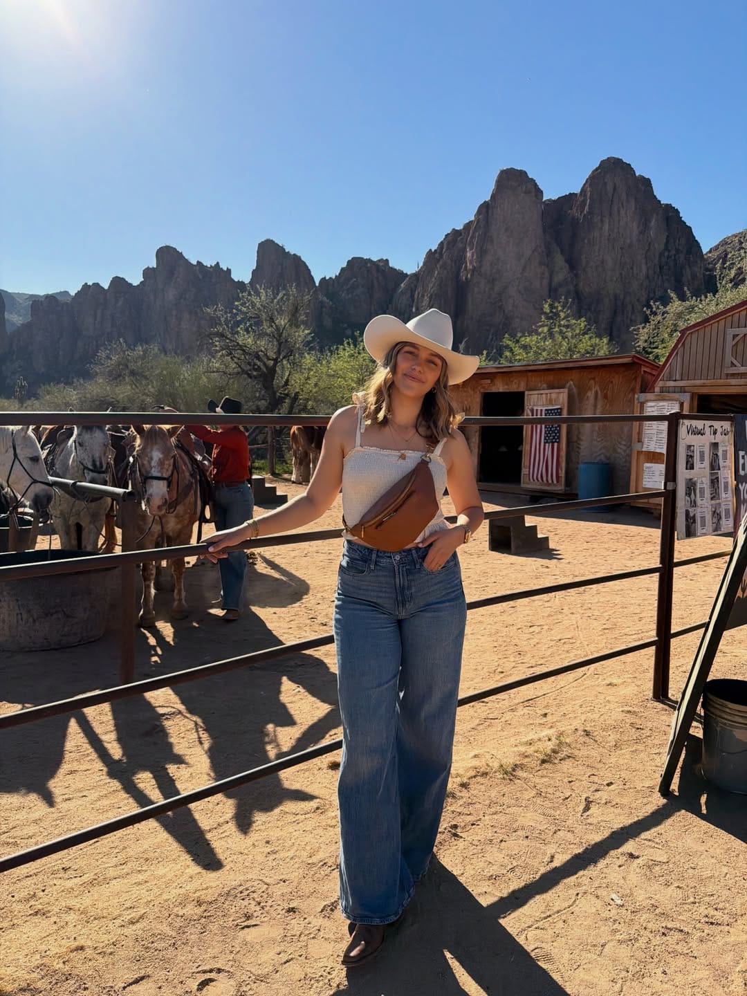 Wide-leg denim jeans with smocked crop top for a casual country summer outfit
