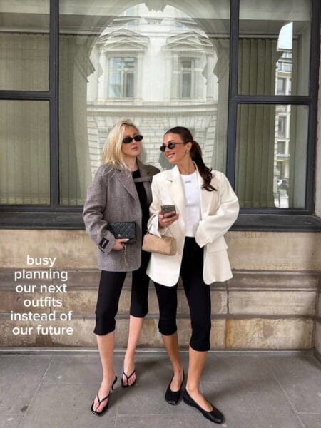 Double blazer street style with black capri pants and heels outfit inspiration
