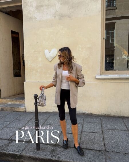 Oversized blazer with white tank top and black capri pants outfit