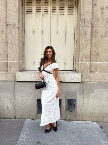 White polka dot midi dress with black lace trim July outfit idea