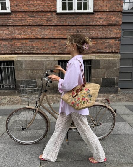 Lilac oversized shirt with white lace wide-leg trousers July fashion idea