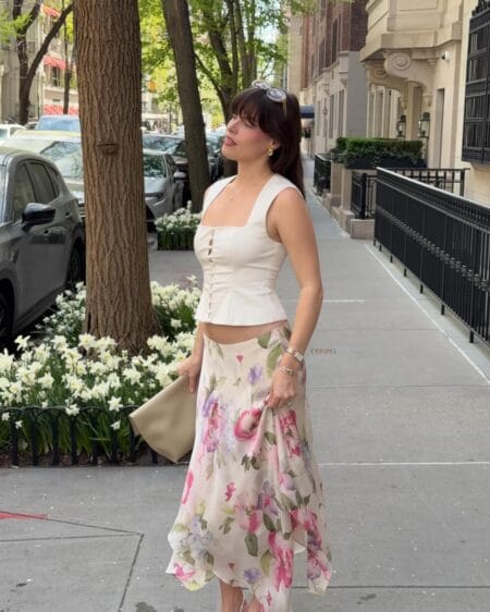 Ivory corset bodice top with watercolor floral midi skirt feminine July outfit