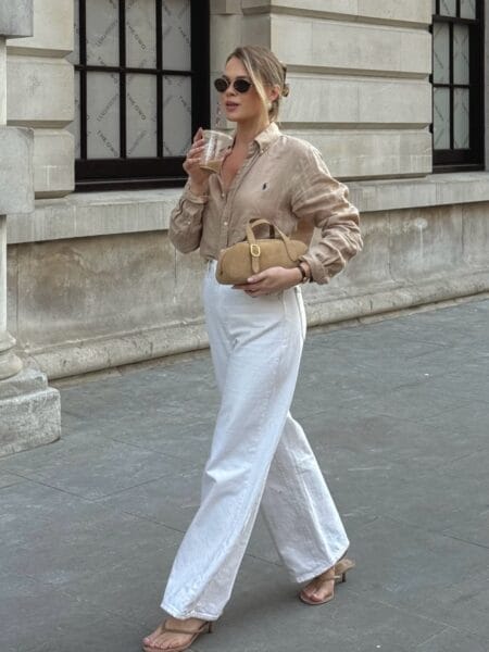 Camel linen shirt with white wide-leg jeans effortless July outfit
