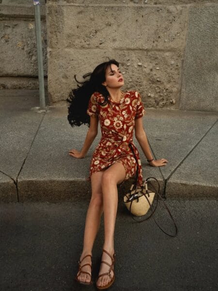 Terracotta floral wrap mini dress with strappy brown sandals July outfit