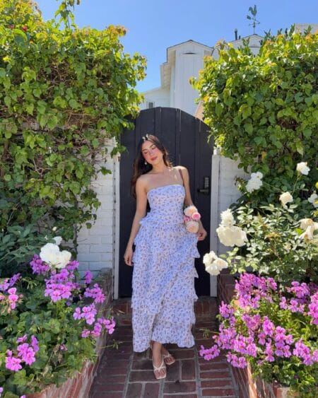 Powder blue strapless floral tiered ruffle maxi dress dreamy July outfit idea