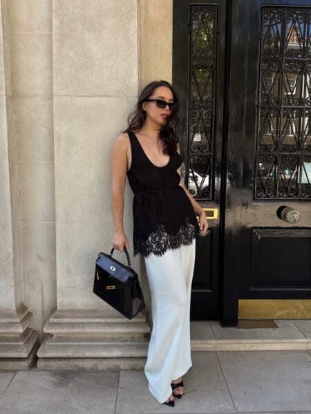 Black lace-hem top with ivory satin maxi skirt elegant July outfit
