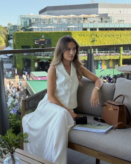 Ivory sleeveless blazer vest with white satin midi skirt classy July outfit