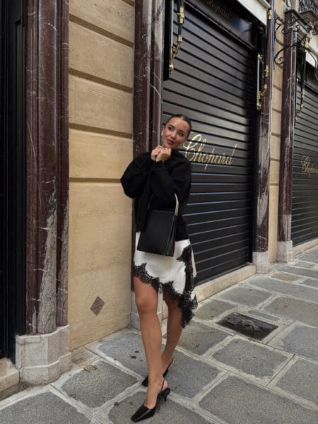 Oversized black blazer and white satin asymmetric slip skirt with black lace hem and kitten-heel slingbacks — june outfit ideas