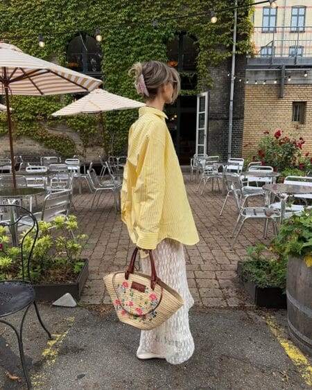 Yellow pinstripe oversized shirt and white lace wide-leg trousers with floral embroidered straw tote — summer casual outfits 2026