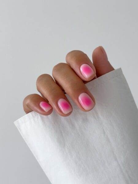 Hot Pink Blush Aura Nails for Short Nails — short square nails with hot pink aura bloom fading to sheer white edges