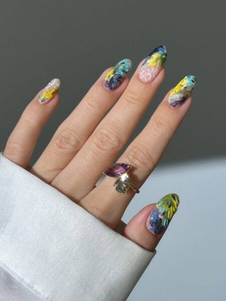 Monet garden oil-paint nails with thick textural brushstrokes in cobalt blue purple and acid yellow