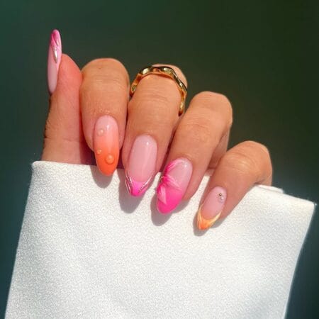 Hot pink coral and orange summer mix almond nails with hibiscus pearl and gold foil details