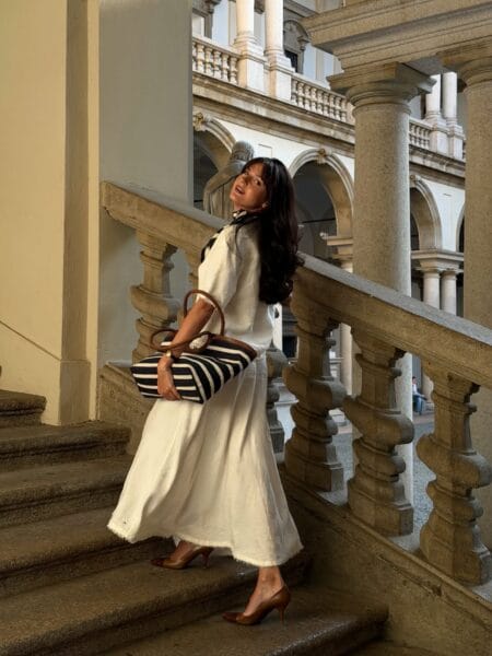 White linen midi dress with brown kitten heels modest summer outfit
