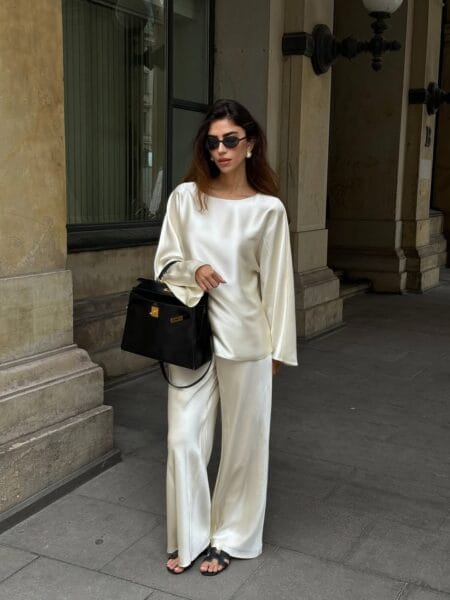 Ivory silk wide-leg set with black sandals chic modest summer outfit