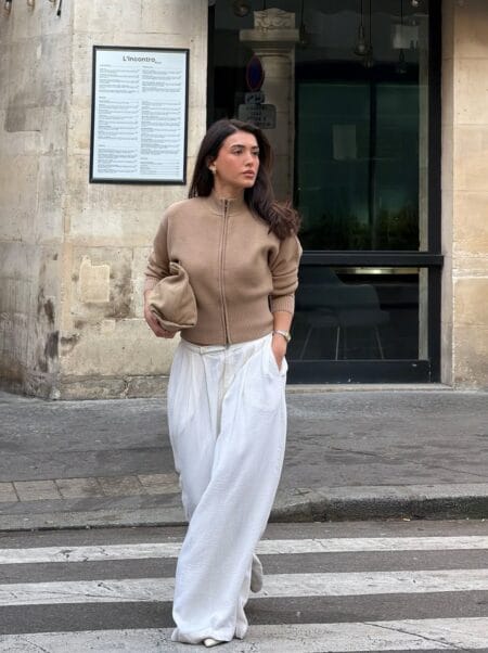 Camel zip-up knit with white wide-leg linen trousers modest summer outfit