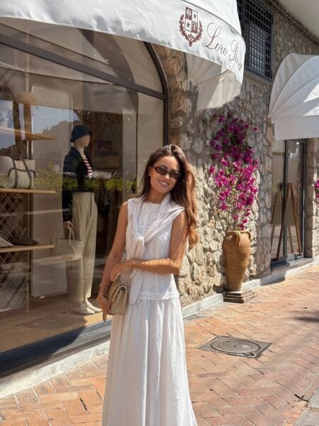 White broderie anglaise top with white maxi skirt modest summer outfit