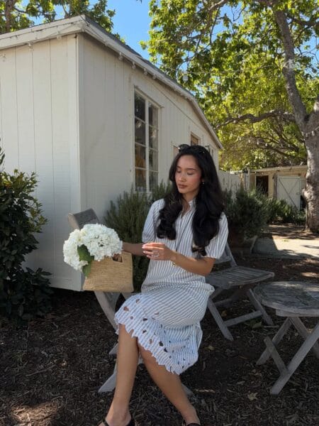 Blue stripe eyelet hem midi dress modest summer outfit inspiration